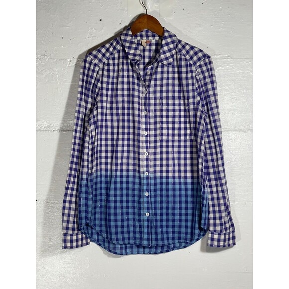 Anthropologie Pilcro Plaid Button Down Shirt Top Ombre Blue Silver Detail Medium - Picture 2 of 12